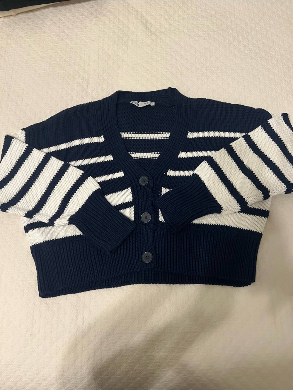 Zara Navy and White Striped Cropped Cardigan